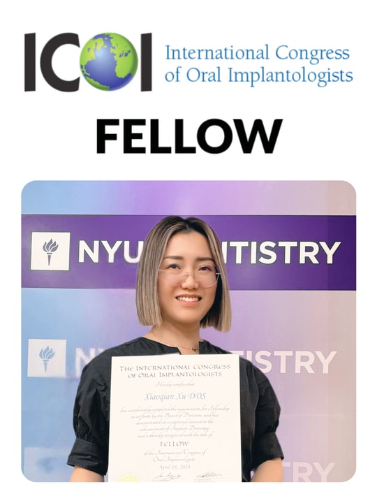 Dr. Lily Xu holding her International Congress of Oral Implantologists Fellowship certificate